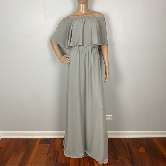 SHOW ME YOUR MUMU GRAY OFF-THE-SHOULDER RUFFLE MAXI DRESS - Picture 2 of 10